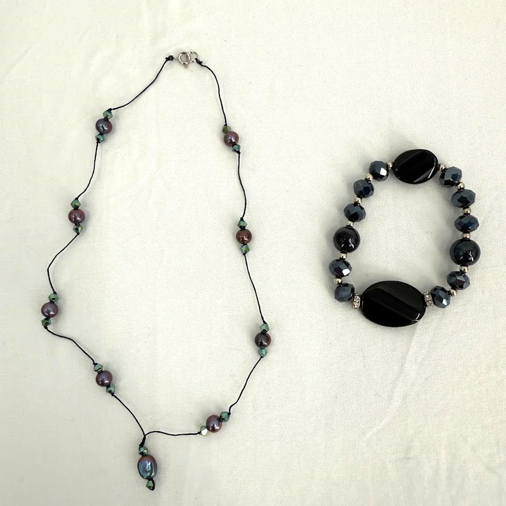 Beaded Necklace Bracelet Set Black Purple Iridescent Glass Stretch Bracelet Boho